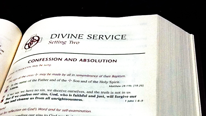 What Is Lutheran Worship? 2 Lutheran worship from the Lutheran Service Book — the hymnal open to Divine Service, Setting Two, at Confession and Absolution