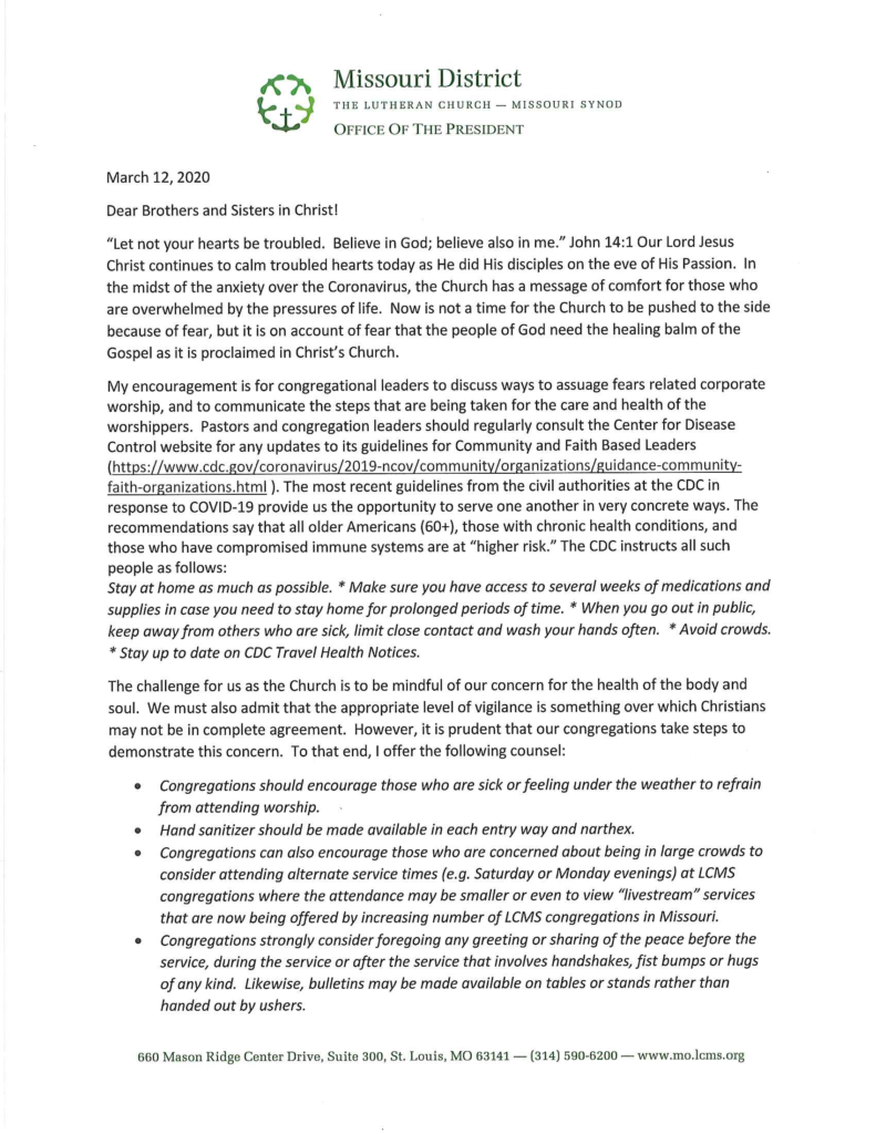 President Lee Hagan. Missouri District. The Lutheran Church-Missouri Synod. public worship during the coronavirus outbreak.