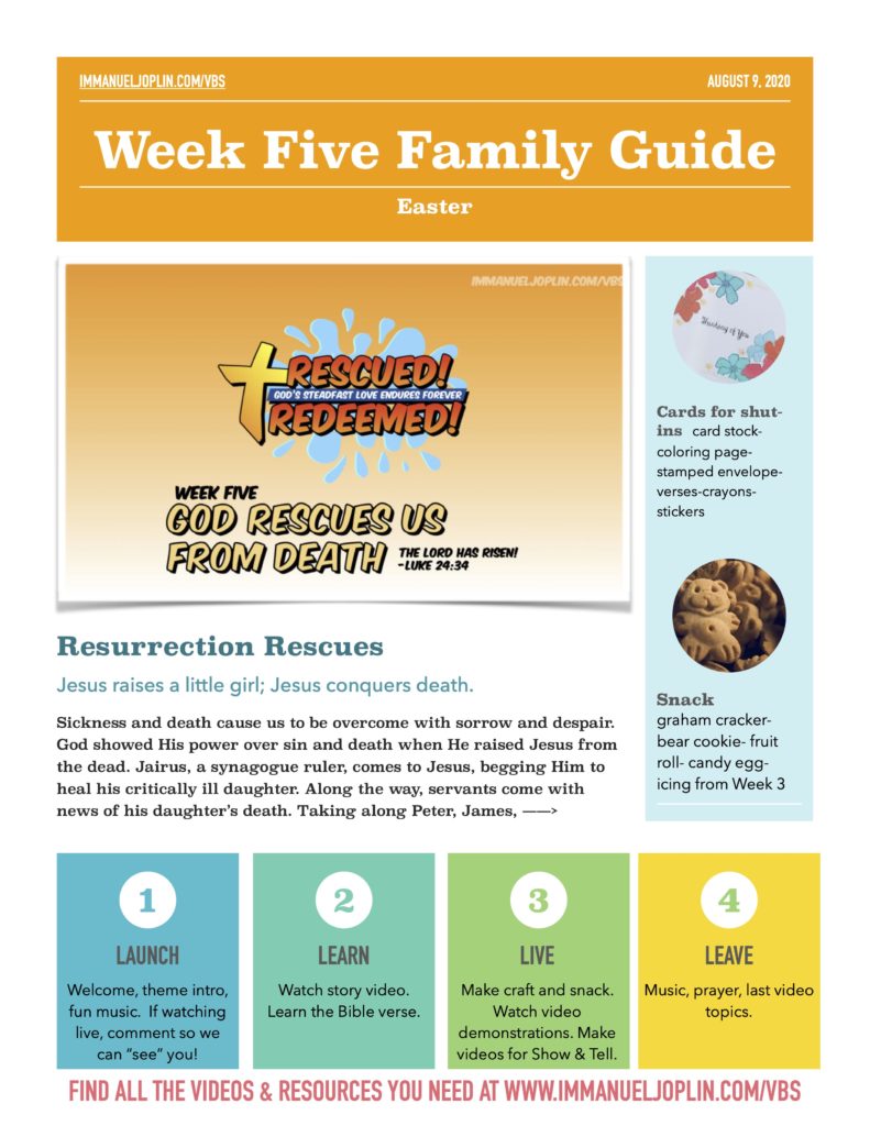 VBS At Home Week Five Family Guide. Jesus Rescues Us From Death.