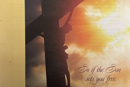 Reformation Day Bulletin Cover. So if the Son sets you free you will be free indeed. Silhouette of Jesus on the cross with sun shining through the clouds. Immanuel Lutheran Church LCMS. Joplin Missouri.