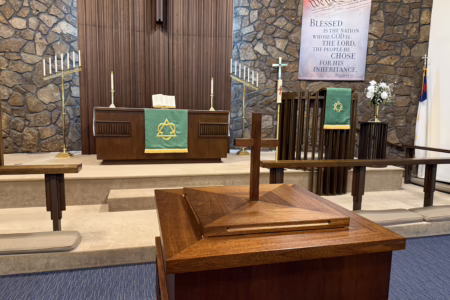 Third Sunday after Pentecost — chancel and baptismal font at Immanuel Lutheran Church, Joplin, Missouri