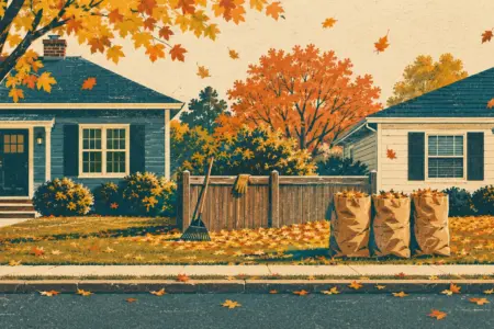 Eighteenth Sunday after Pentecost — two neighboring houses on an autumn street, with a rake leaning on the wooden fence between them, work gloves resting on a fence post, and three full leaf bags at the curb in front of the house next door