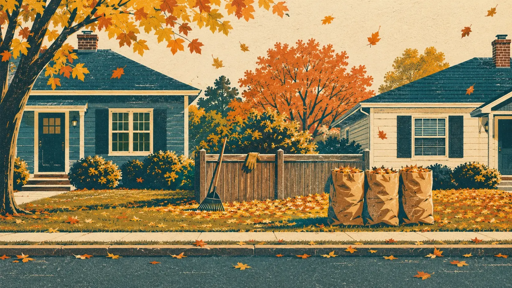 Eighteenth Sunday after Pentecost — September 27, 2026 1 Eighteenth Sunday after Pentecost — two neighboring houses on an autumn street, with a rake leaning on the wooden fence between them, work gloves resting on a fence post, and three full leaf bags at the curb in front of the house next door