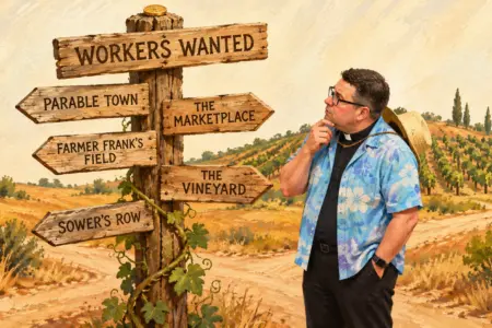 Seventeenth Sunday after Pentecost — Pastor Christopher Ramstad in a blue Hawaiian shirt, clerical collar and straw hat, standing at a painted crossroads signpost whose arrow boards read Parable Town, The Marketplace, Farmer Frank's Field, The Vineyard and Sower's Row beneath a board reading Workers Wanted, with a vineyard on the hill behind him