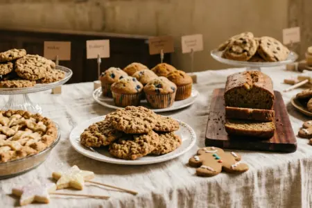 Altar Guild Bake Sale — homemade pies, cookies, banana bread and cupcakes on a linen-covered table
