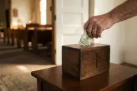 Helping Hand Sunday — a hand drops folded bills into a wooden offering box marked with a cross near the sanctuary doors