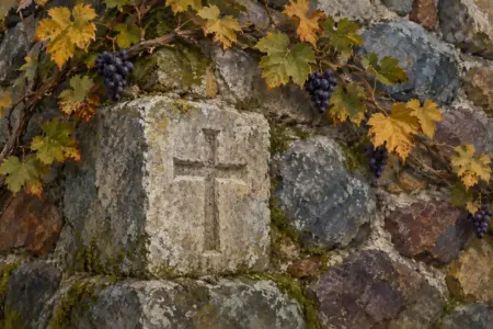 Nineteenth Sunday after Pentecost — a squared cornerstone carved with a cross, set in a wall of rough fieldstones with a grapevine of dark grapes and autumn leaves climbing above it