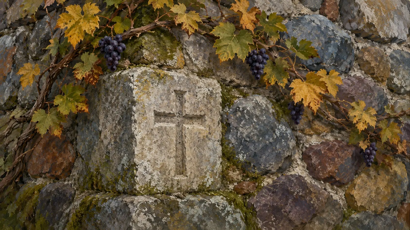 Nineteenth Sunday after Pentecost — October 4, 2026 1 Nineteenth Sunday after Pentecost — a squared cornerstone carved with a cross, set in a wall of rough fieldstones with a grapevine of dark grapes and autumn leaves climbing above it