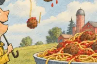 Spaghetti Day at Martin Luther School: illustrated boy with an umbrella beside a big bowl of spaghetti