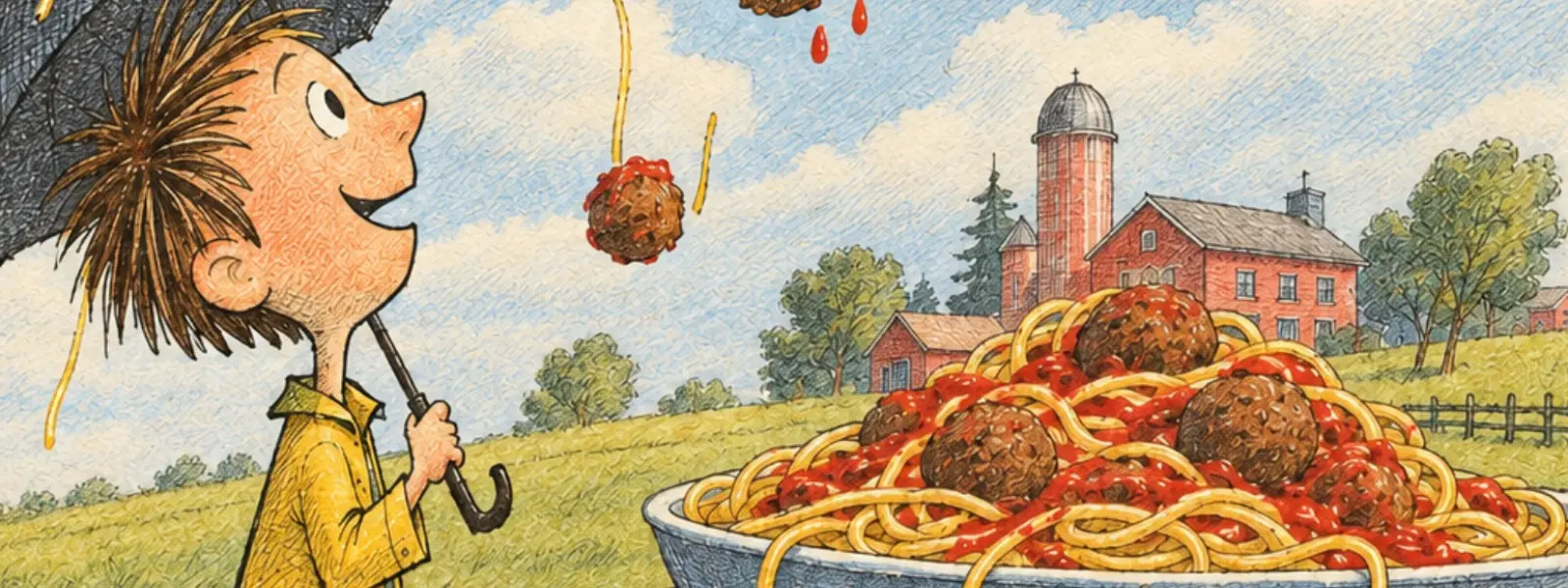 Nineteenth Sunday after Pentecost — October 4, 2026 5 Spaghetti Day at Martin Luther School: illustrated boy with an umbrella beside a big bowl of spaghetti