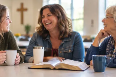 Women's ministry Joplin — three women of different ages laughing over coffee with an open Bible in a bright church fellowship hall