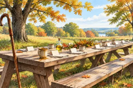 Twentieth Sunday after Pentecost — a long wooden picnic table set with place cards, cups and a cruet of oil in an autumn meadow, with a shepherd's crook leaning against the end