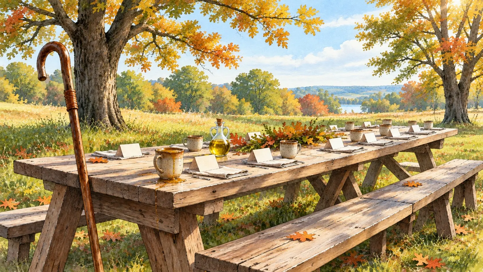 Twentieth Sunday after Pentecost — October 11, 2026 1 Twentieth Sunday after Pentecost — a long wooden picnic table set with place cards, cups and a cruet of oil in an autumn meadow, with a shepherd's crook leaning against the end